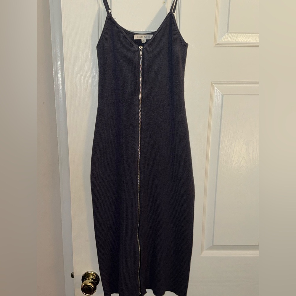 Honey Punch Gray Spaghetti Adjustable Strap Ribbed Sweater Dress With Full Zip